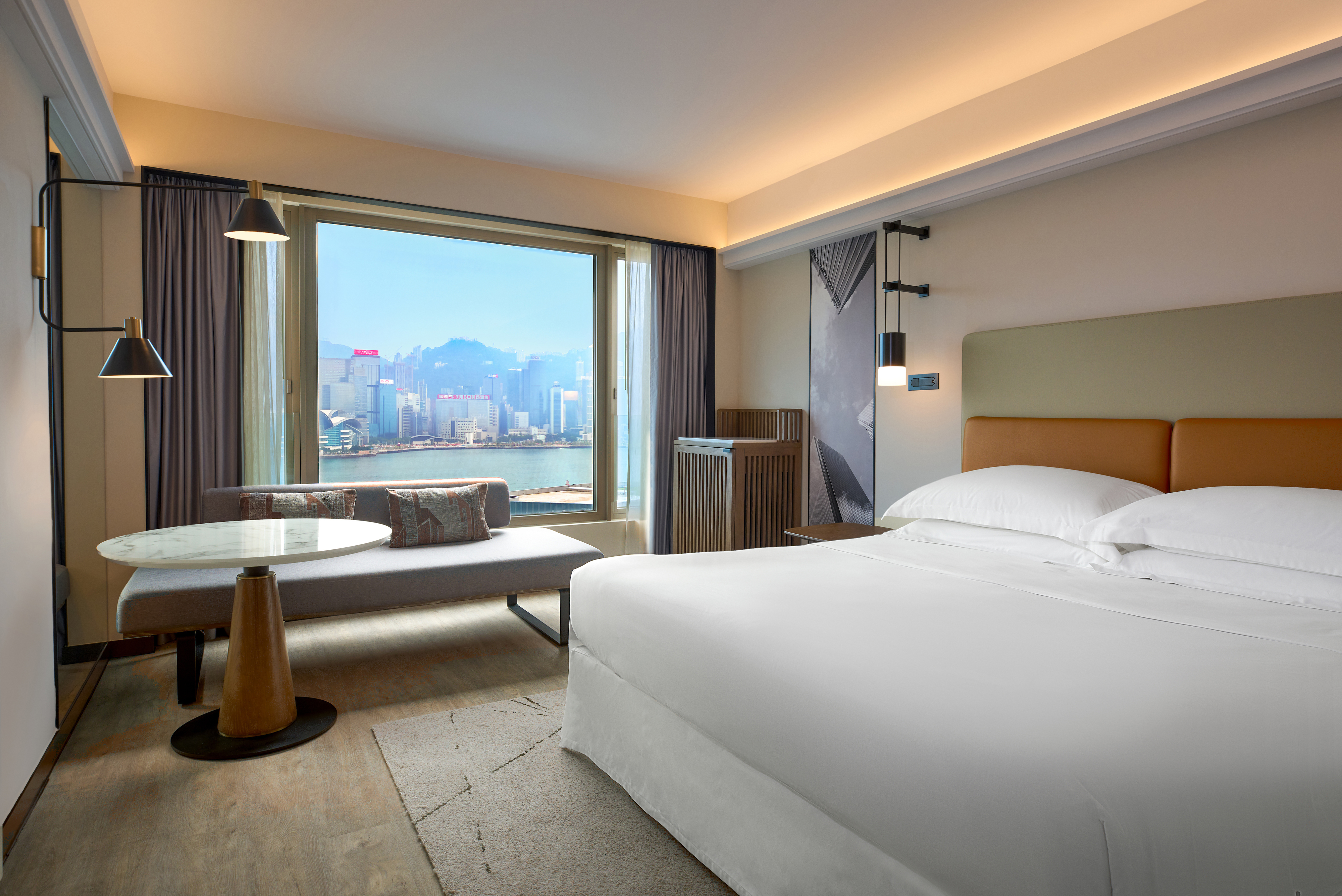 香港喜来登酒店 - 客房, 1 张特大床, 海港景观